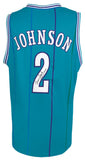 Larry Johnson (HORNETS) Signed Purple Teal Basketball Jersey - (SCHWARTZ COA)