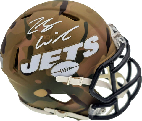 ZACH WILSON AUTOGRAPHED NEW YORK JETS CAMO SPEED MINI HELMET BECKETT QR 194724