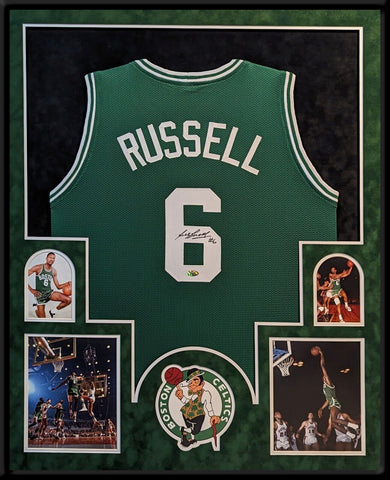 SUEDE FRAMED BOSTON CELTICS BILL RUSSELL AUTOGRAPH SIGNED JERSEY HOLLYWOOD HOLO