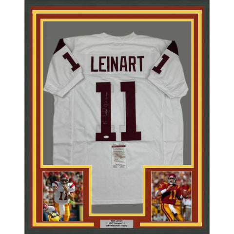 FRAMED Autographed/Signed MATT LEINART 04 Heisman 33x42 USC White Jersey JSA COA