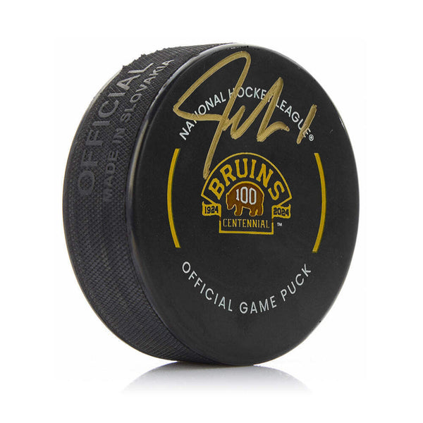 Jeremy Swayman Boston Bruins Autographed 100th Anniversary Game Puck JSA PSA