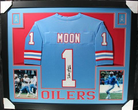 WARREN MOON (Oilers blue SKYLINE) Signed Autographed Framed Jersey JSA