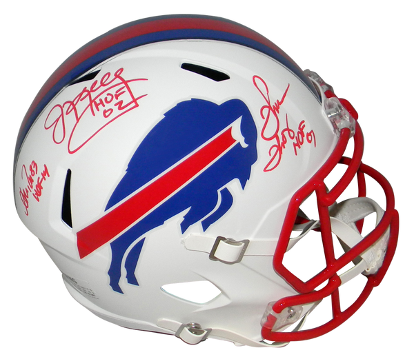 JIM KELLY THURMAN THOMAS ANDRE REED SIGNED BUFFALO BILLS WHITE SPEED HELMET JSA