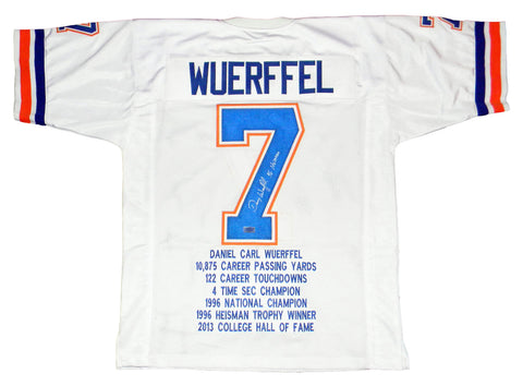 DANNY WUERFFEL AUTOGRAPHED FLORIDA GATORS #7 WHITE STAT JERSEY W/ 96 HEISMAN