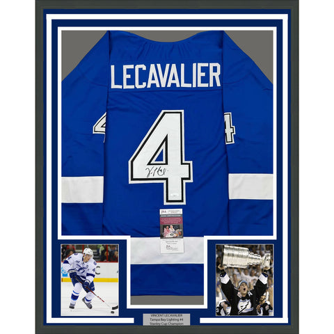 Framed Autographed/Signed Vincent Lecavalier 35x39 Tampa Bay Blue Jersey JSA COA