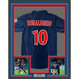 Framed Autographed/Signed Ronaldinho 33x42 PSG PG Blue Jersey BAS COA