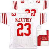 49ERS CHRISTIAN MCCAFFREY AUTOGRAPHED SIGNED WHITE JERSEY BECKETT QR 227789