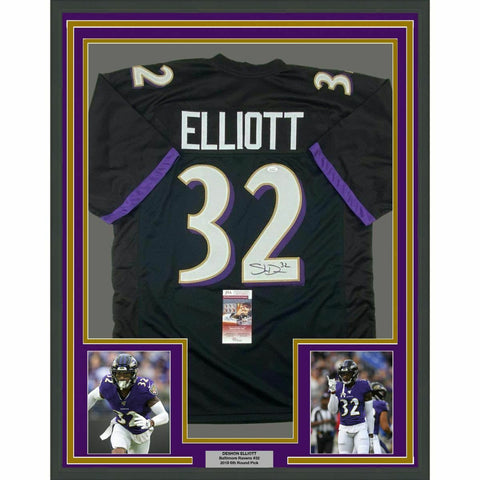 FRAMED Autographed/Signed DESHON ELLIOTT 33x42 Baltimore Black Jersey JSA COA