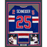 Framed Autographed/Signed Buzz Schneider 35x39 Miracle On Ice Jersey BAS COA