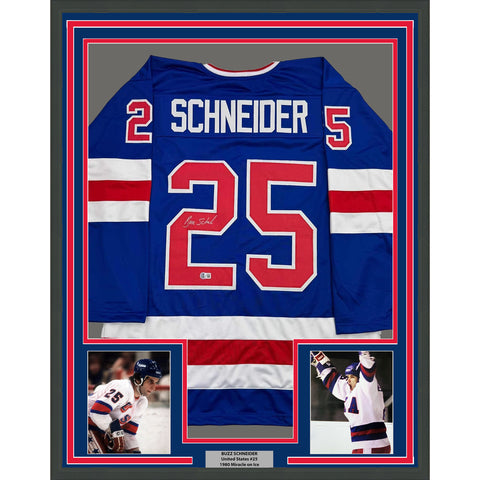 Framed Autographed/Signed Buzz Schneider 35x39 Miracle On Ice Jersey BAS COA