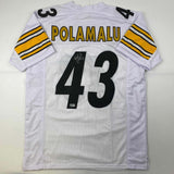 Autographed/Signed Troy Polamalu Pittsburgh White Football Jersey Beckett COA