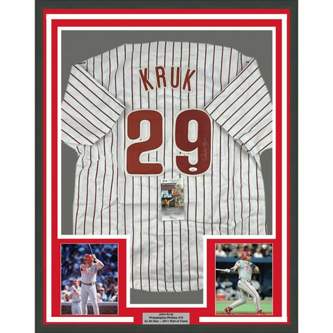 FRAMED Autographed/Signed JOHN KRUK 33x42 Philadelphia Pinstripe Jersey JSA COA