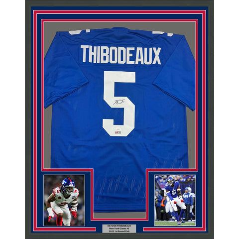Framed Autographed/Signed Kayvon Thibodeaux 35x39 New York Blue Jersey JSA COA