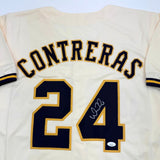 Autographed/Signed William Contreras Milwaukee Cream Baseball Jersey JSA COA