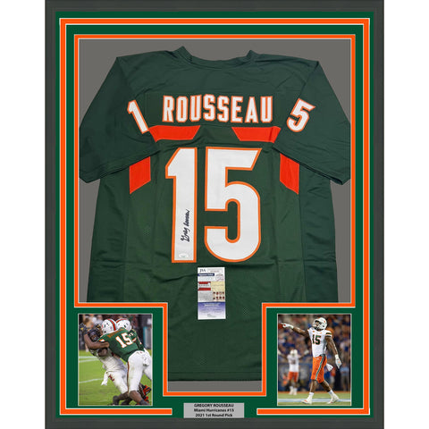 Framed Autographed/Signed Greg Rousseau 35x39 Miami Green College Jersey JSA COA