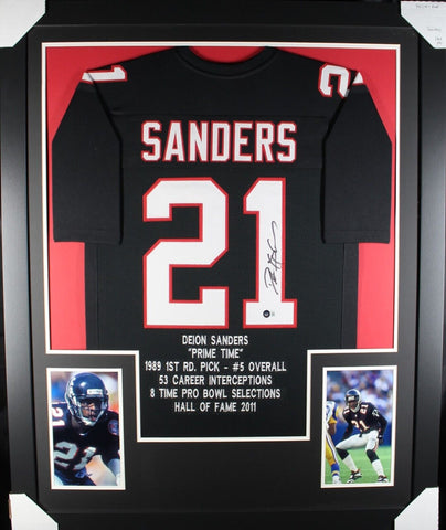 DEION SANDERS (Falcons blk stat TOWER) Signed Autographed Framed Jersey Beckett