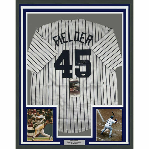 FRAMED Autographed/Signed CECIL FIELDER 33x42 New York Pinstripe Jersey JSA COA