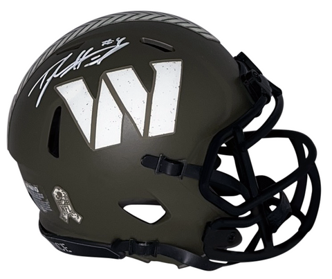 TAYLOR HEINICKE SIGNED WASHINGTON COMMANDERS SALUTE TO SERVICE MINI HELMET BAS