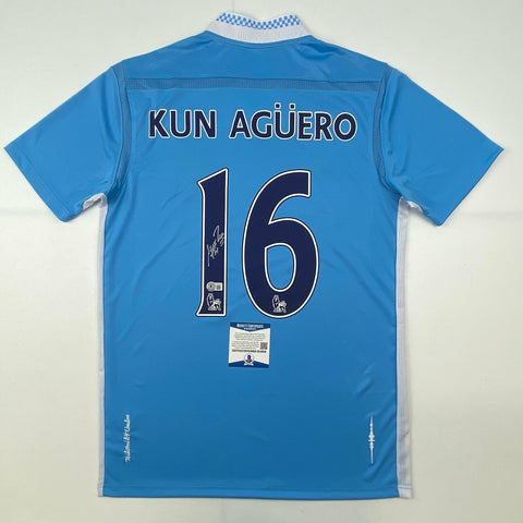 Autographed/Signed Sergio Kun Aguero Manchester City Blue Jersey Beckett BAS COA