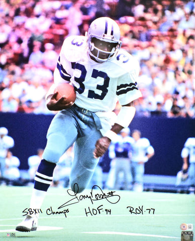 Tony Dorsett Signed Cowboys 16x20 Running Photo w/HOF,ROY, SB Champs- Beckett W