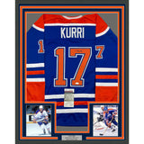 Framed Autographed/Signed Jari Kurri 35x39 Edmonton Blue Hockey Jersey JSA COA