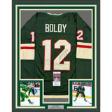 Framed Autographed/Signed Matt Boldy 35x39 Minnesota Green Hockey Jersey JSA COA