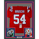 Framed Autographed/Signed Tedy Bruschi 33x42 New England Red Jersey JSA COA