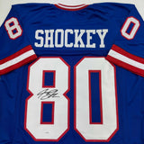 Autographed/Signed Jeremy Shockey New York Blue Football Jersey JSA COA #2