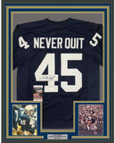 Framed Autographed/Signed Rudy Ruettiger 35x39 Never Quit ND Blue Jersey JSA COA