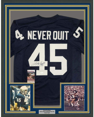 Framed Autographed/Signed Rudy Ruettiger 35x39 Never Quit ND Blue Jersey JSA COA