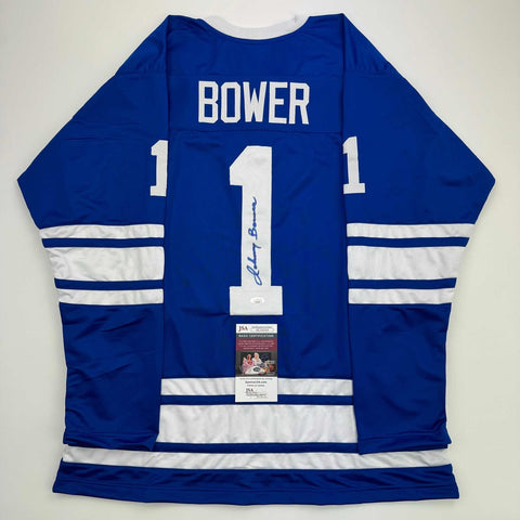 Autographed/Signed Johnny Bower Toronto Blue Hockey Jersey JSA COA