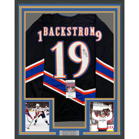 Framed Autographed/Signed Nicklas Backstrom 35x39 Black Retro Jersey JSA COA