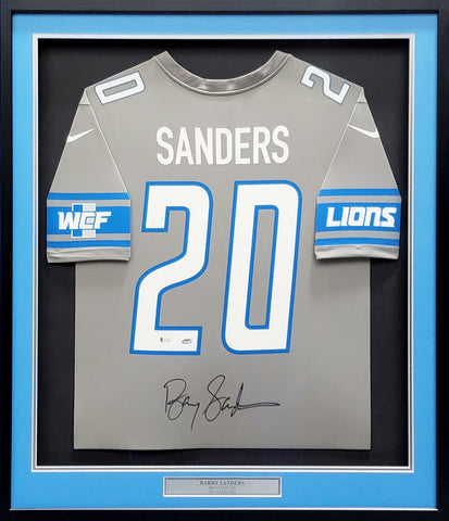 DETROIT LIONS BARRY SANDERS AUTOGRAPHED FRAMED GRAY NIKE JERSEY BECKETT 200914