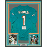 FRAMED Autographed/Signed TUA TAGOVAILOA 33x42 Dolphins Teal Jersey Fanatics COA