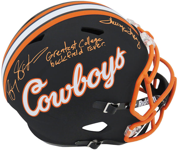 Barry Sanders & Thurman Thomas Signed Ok State Black Riddell FS Rep Helmet w/INS