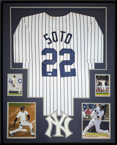 FRAMED N.Y. YANKEES JUAN SOTO AUTOGRAPHED SIGNED INSC JERSEY BECKETT HOLO