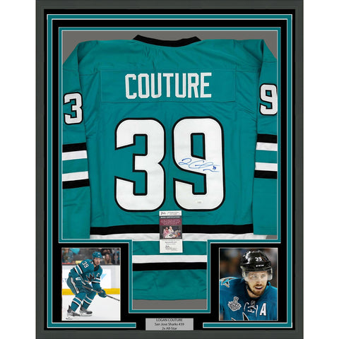 Framed Autographed/Signed Logan Couture 35x39 San Jose Teal Jersey JSA COA