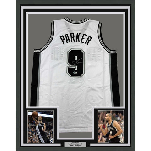 Framed Autographed/Signed Tony Parker 35x39 San Antonio White Jersey BAS COA