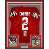 FRAMED Autographed/Signed JK J.K. DOBBINS 33x42 Ohio State Red Jersey JSA COA