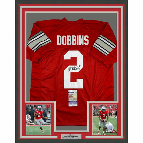 FRAMED Autographed/Signed JK J.K. DOBBINS 33x42 Ohio State Red Jersey JSA COA