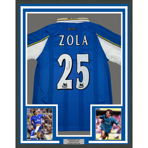 Framed Autographed/Signed Gianfranco Zola 35x39 Chelsea FC Blue Jersey BAS COA