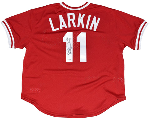 BARRY LARKIN SIGNED CINCINNATI REDS #11 MITCHELL & NESS JERSEY W/ HOF 2012