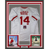 Framed Autographed/Signed Pete Rose 33x42 Charlie Hustle White Jersey JSA COA