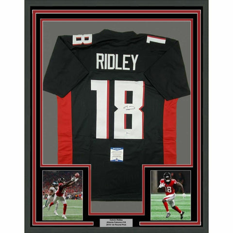 FRAMED Autographed/Signed CALVIN RIDLEY 33x42 Atlanta Black Jersey Beckett COA