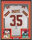 Framed Autographed/Signed Christian Okoye 35x39 Kansas City White Jersey PSA COA