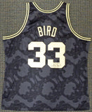 CELTICS LARRY BIRD AUTOGRAPHED BLACK M&N GOLD TOILE JERSEY XXL BECKETT 177717