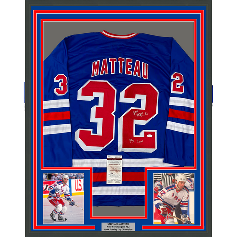 Framed Autographed/Signed Stephane Matteau 33x42 94 Cup Blue Jersey JSA COA