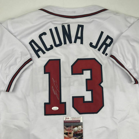 Autographed/Signed RONALD ACUNA JR. Atlanta White Baseball Jersey JSA COA Auto