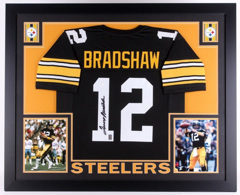 Terry Bradshaw Signed Black Steelers 35x43 Custom Framed Jersey (JSA COA)