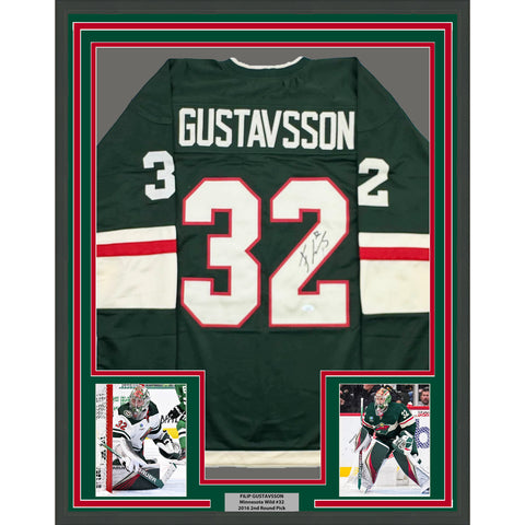 Framed Autographed/Signed Filip Gustavsson 35x39 Minnesota Green Jersey JSA COA